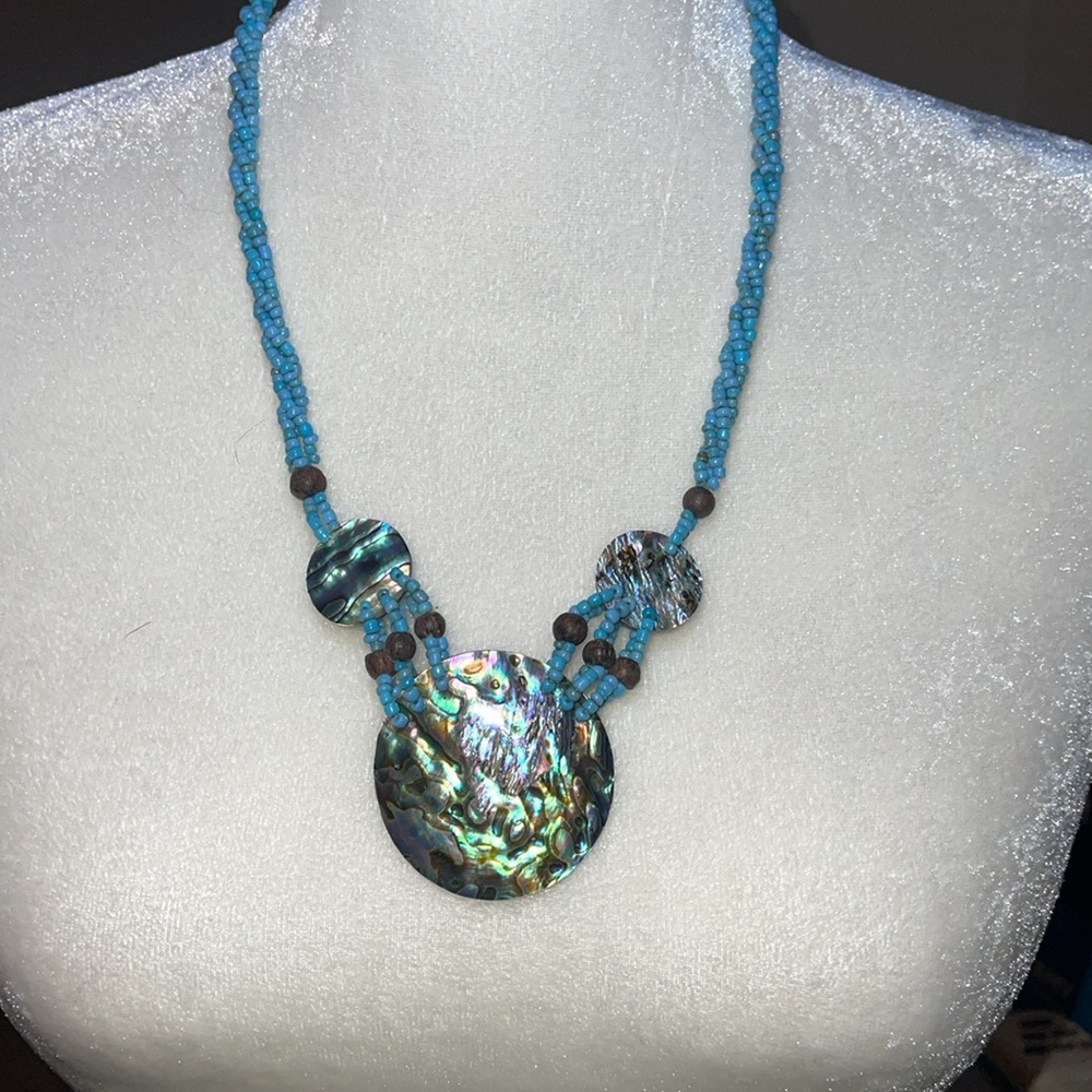 ABALONE SHELL PENDANT TURQUOISE BEAD‎ STRAND NECKLACE STATEMENT DESIGN